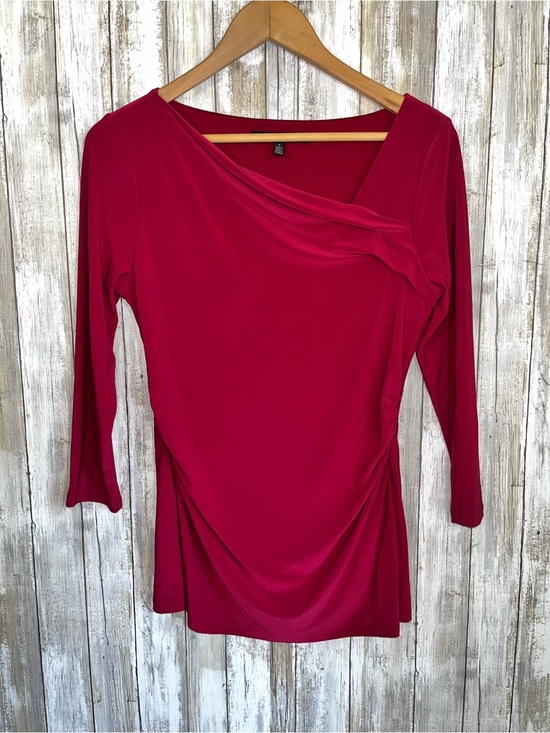 White House Black Market Tops - White House Black Market Red Asymmetrical Neck Top Small Ruched Stretch Blouse
